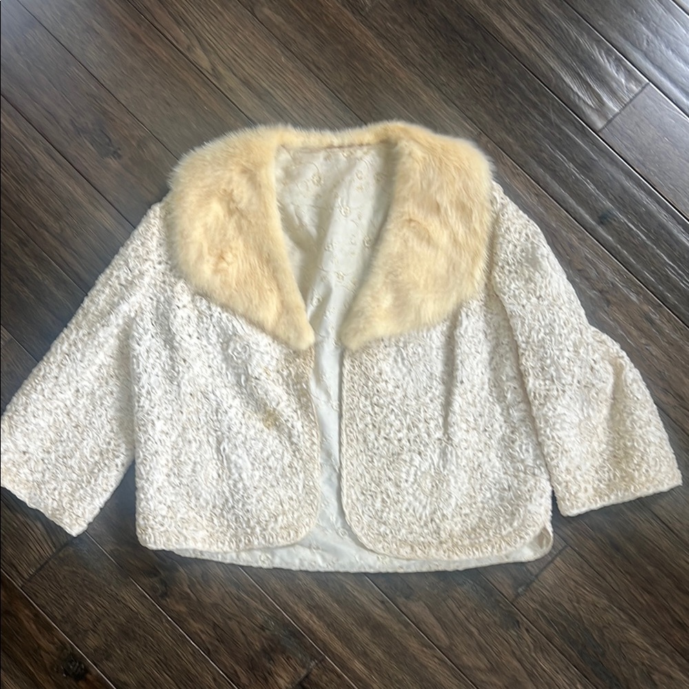 Vintage Cream Textured ribbon Jacket with Fox Collar
